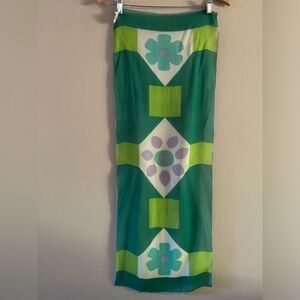 Vintage Sally Gee Japan Rayon/Silk Scarf Green Flower Geometric Print 14”x38.5”